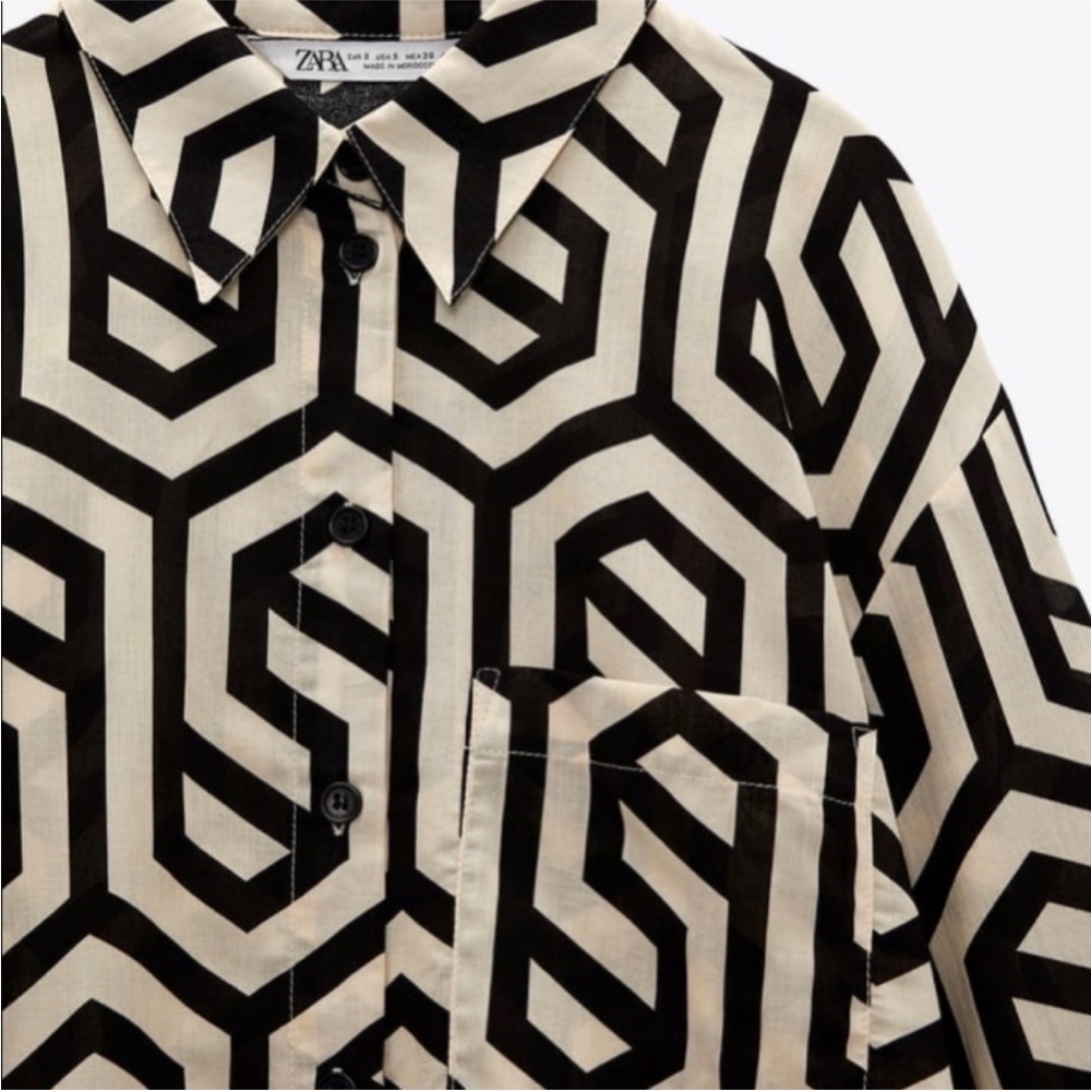 Zara Geometric Print Button Down Blouse XS Black Cream - Picture 6 of 6
